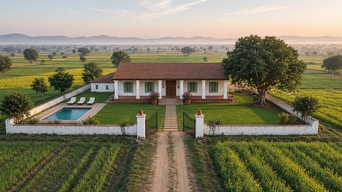 A whitewashed farmhouse with a terracotta roof and verandah, seen from the lawn after flying in over wheat fields and through the gate at sunrise